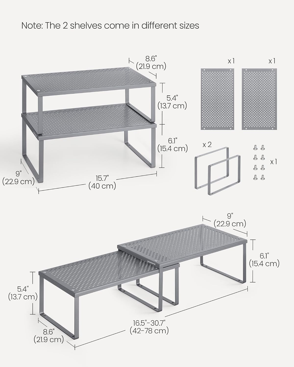 Set of 2 Metal Spice Racks, Stackable Expandable Shelf Risers | Steel Cabinet Shelf Organizers, Countertop Organizers, Matte White BEQUE Collection UKCS01WT