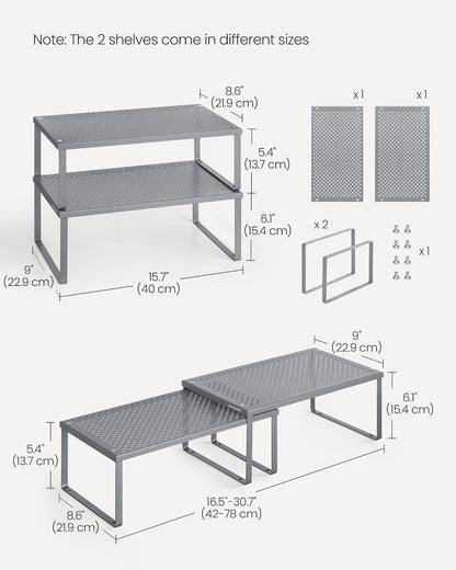Set of 2 Metal Spice Racks, Stackable Expandable Shelf Risers | Steel Cabinet Shelf Organizers, Countertop Organizers, Matte White BEQUE Collection UKCS01WT