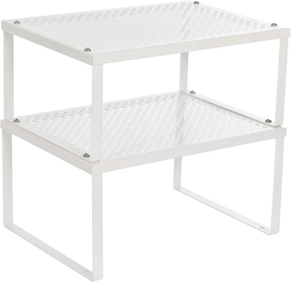 Set of 2 Metal Spice Racks, Stackable Expandable Shelf Risers | Steel Cabinet Shelf Organizers, Countertop Organizers, Matte White BEQUE Collection UKCS01WT