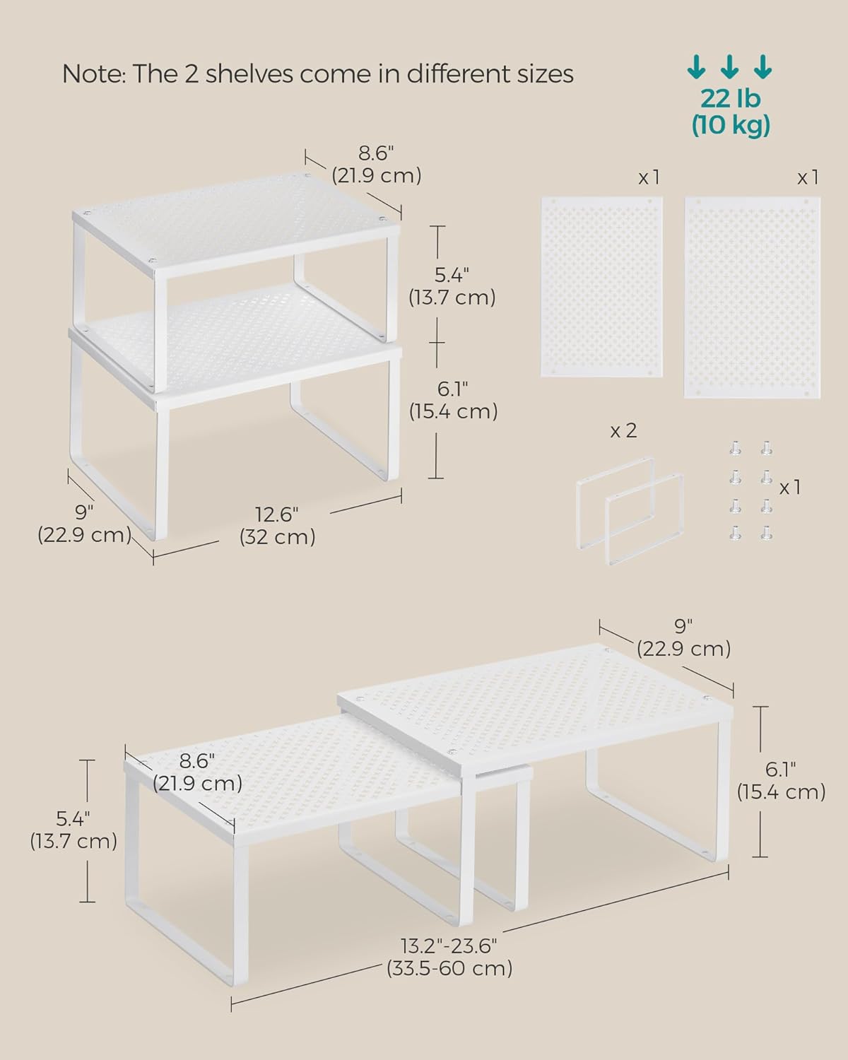 Set of 2 Metal Spice Racks, Stackable Expandable Shelf Risers | Steel Cabinet Shelf Organizers, Countertop Organizers, Matte White BEQUE Collection UKCS01WT