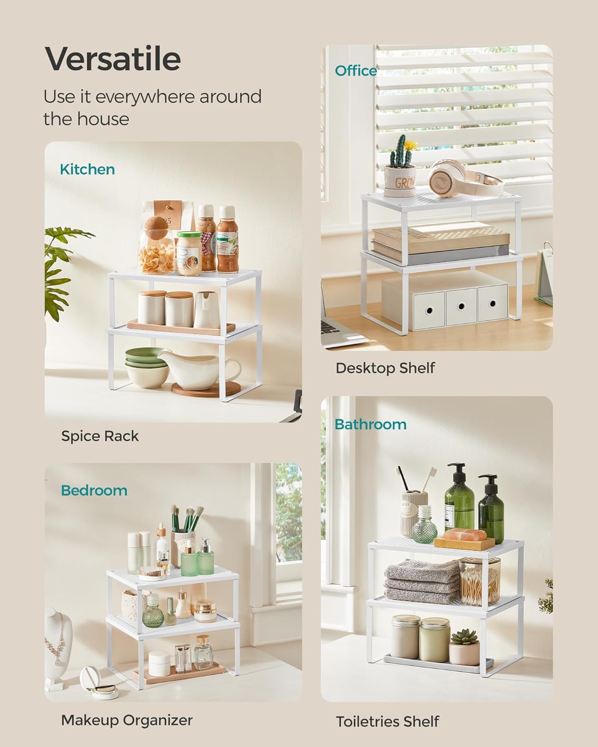 Set of 2 Metal Spice Racks, Stackable Expandable Shelf Risers | Steel Cabinet Shelf Organizers, Countertop Organizers, Matte White BEQUE Collection UKCS01WT