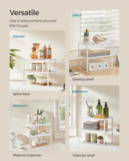 Set of 2 Metal Spice Racks, Stackable Expandable Shelf Risers | Steel Cabinet Shelf Organizers, Countertop Organizers, Matte White BEQUE Collection UKCS01WT