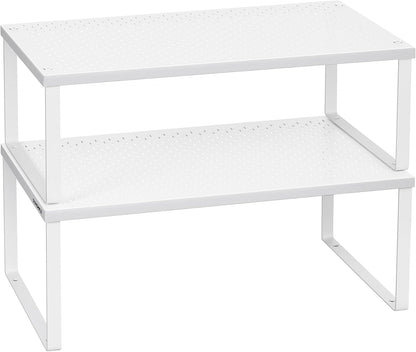 Set of 2 Metal Spice Racks, Stackable Expandable Shelf Risers | Steel Cabinet Shelf Organizers, Countertop Organizers, Matte White BEQUE Collection UKCS01WT