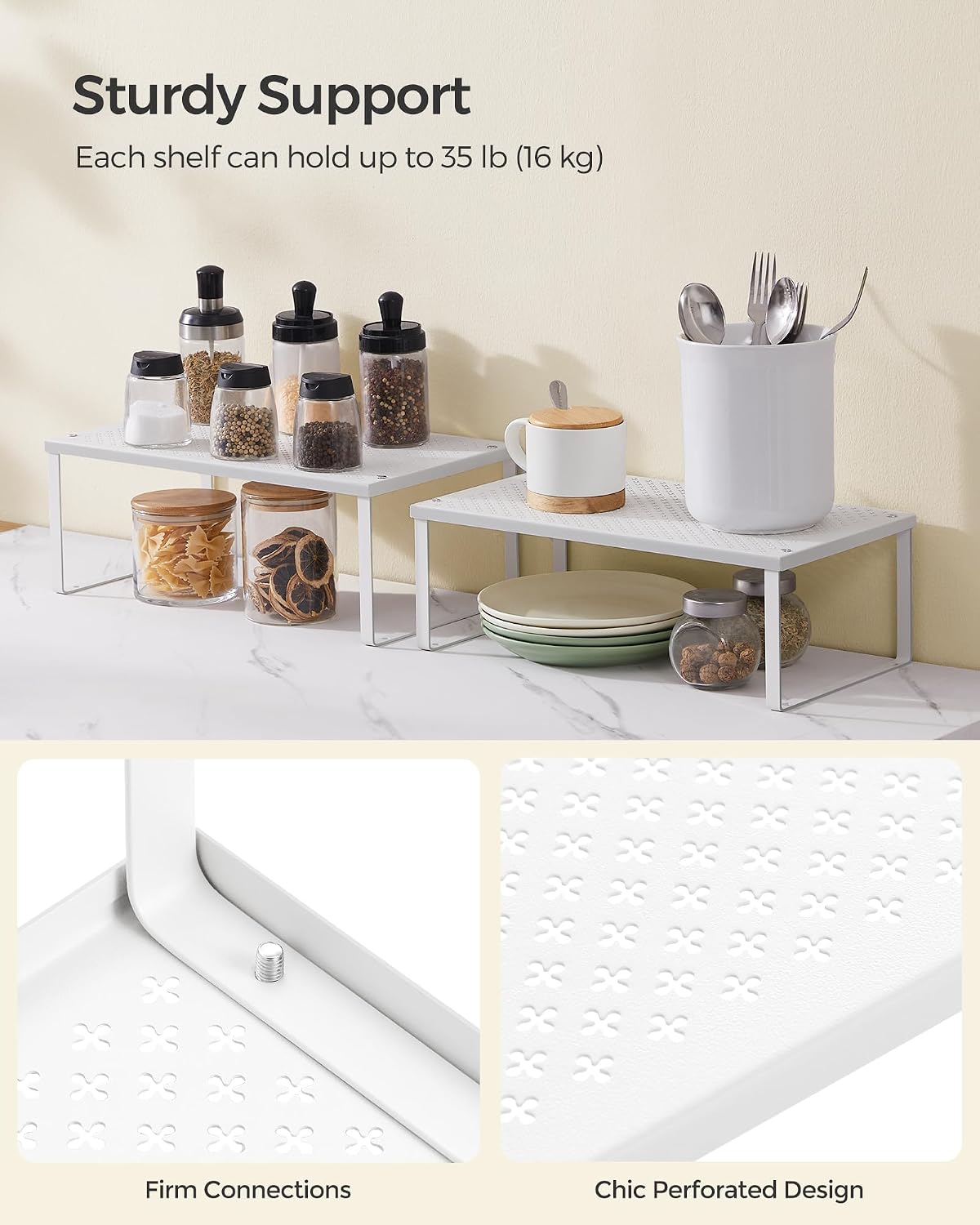 Set of 2 Metal Spice Racks, Stackable Expandable Shelf Risers | Steel Cabinet Shelf Organizers, Countertop Organizers, Matte White BEQUE Collection UKCS01WT