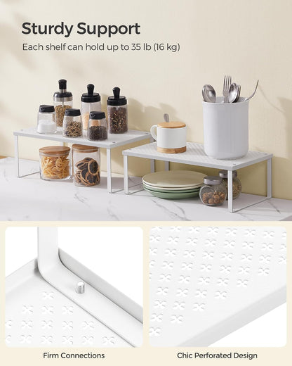 Set of 2 Metal Spice Racks, Stackable Expandable Shelf Risers | Steel Cabinet Shelf Organizers, Countertop Organizers, Matte White BEQUE Collection UKCS01WT