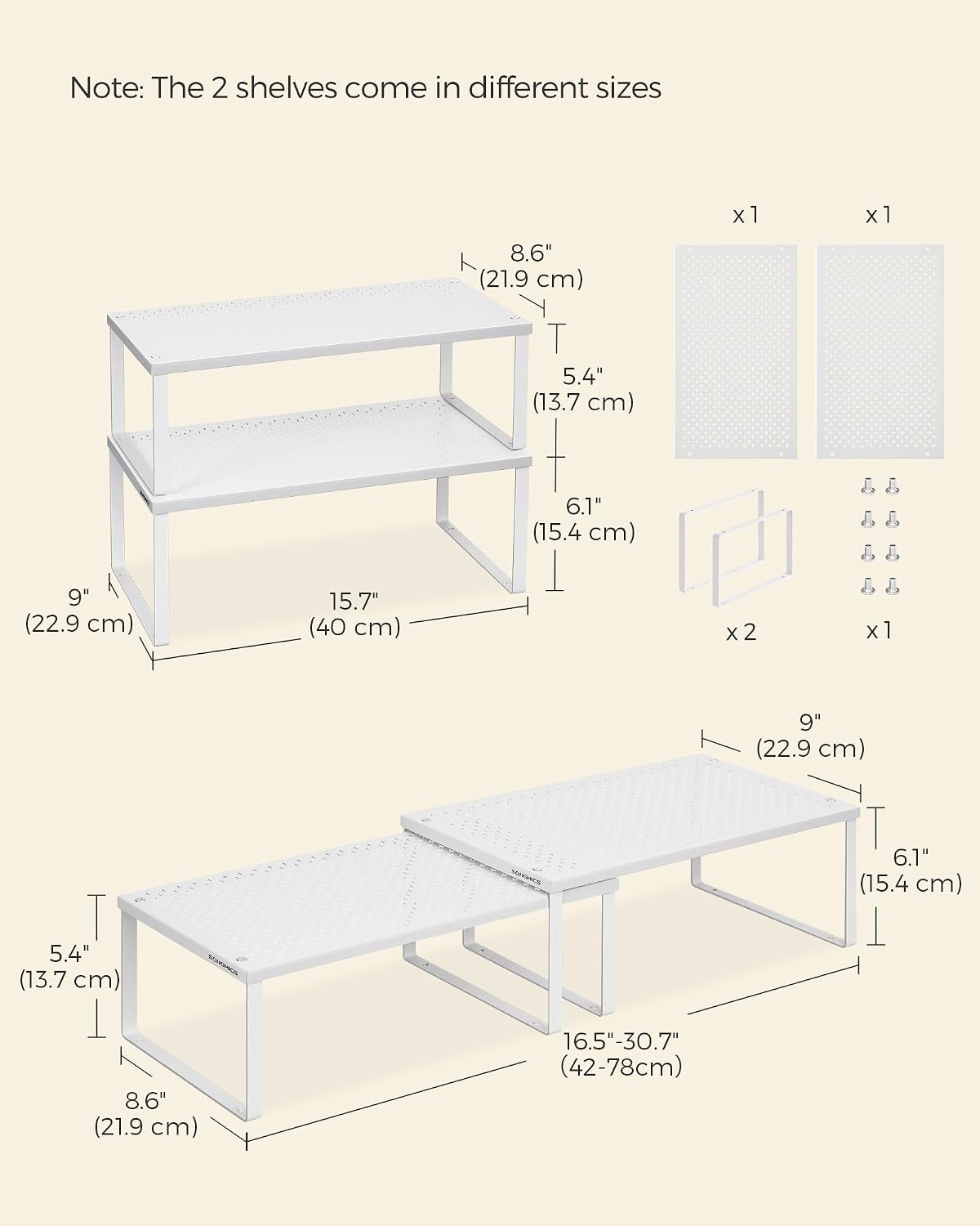 Set of 2 Metal Spice Racks, Stackable Expandable Shelf Risers | Steel Cabinet Shelf Organizers, Countertop Organizers, Matte White BEQUE Collection UKCS01WT