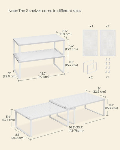 Set of 2 Metal Spice Racks, Stackable Expandable Shelf Risers | Steel Cabinet Shelf Organizers, Countertop Organizers, Matte White BEQUE Collection UKCS01WT