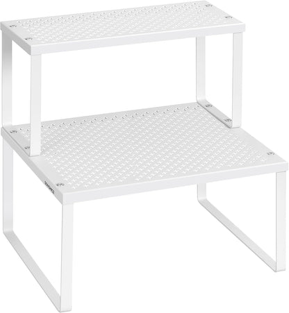 Set of 2 Metal Spice Racks, Stackable Expandable Shelf Risers | Steel Cabinet Shelf Organizers, Countertop Organizers, Matte White BEQUE Collection UKCS01WT