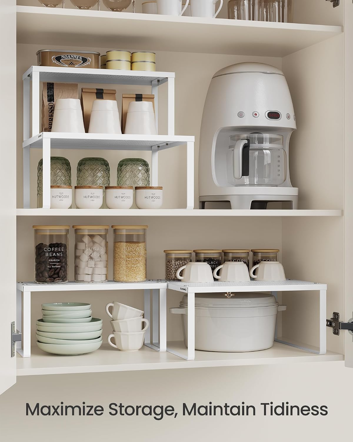 Set of 2 Metal Spice Racks, Stackable Expandable Shelf Risers | Steel Cabinet Shelf Organizers, Countertop Organizers, Matte White BEQUE Collection UKCS01WT