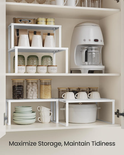 Set of 2 Metal Spice Racks, Stackable Expandable Shelf Risers | Steel Cabinet Shelf Organizers, Countertop Organizers, Matte White BEQUE Collection UKCS01WT