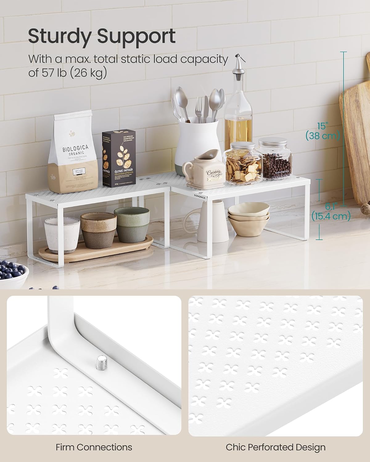 Set of 2 Metal Spice Racks, Stackable Expandable Shelf Risers | Steel Cabinet Shelf Organizers, Countertop Organizers, Matte White BEQUE Collection UKCS01WT