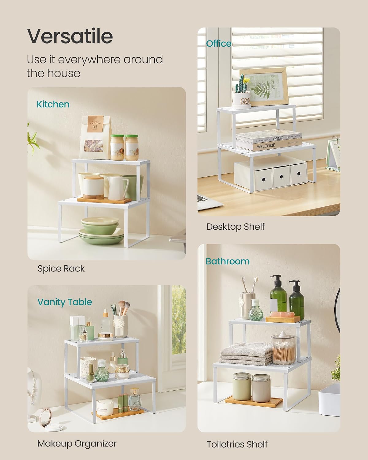 Set of 2 Metal Spice Racks, Stackable Expandable Shelf Risers | Steel Cabinet Shelf Organizers, Countertop Organizers, Matte White BEQUE Collection UKCS01WT