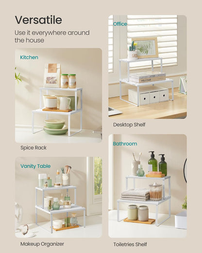 Set of 2 Metal Spice Racks, Stackable Expandable Shelf Risers | Steel Cabinet Shelf Organizers, Countertop Organizers, Matte White BEQUE Collection UKCS01WT