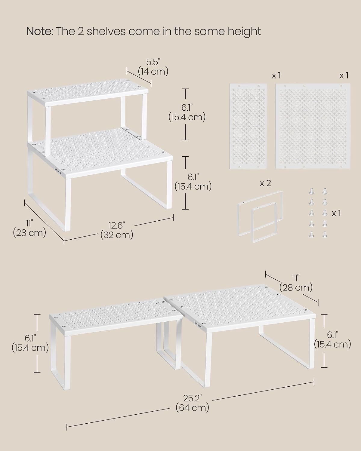 Set of 2 Metal Spice Racks, Stackable Expandable Shelf Risers | Steel Cabinet Shelf Organizers, Countertop Organizers, Matte White BEQUE Collection UKCS01WT