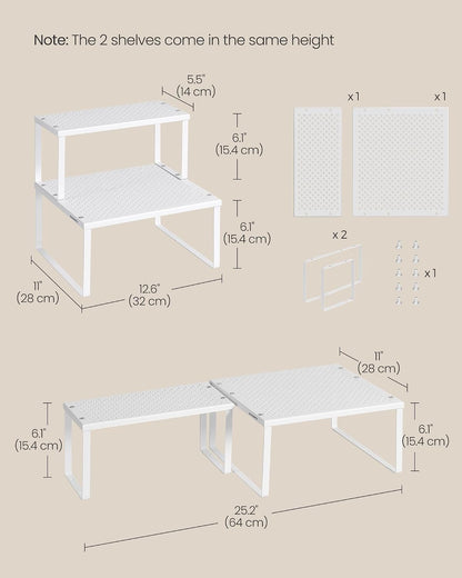 Set of 2 Metal Spice Racks, Stackable Expandable Shelf Risers | Steel Cabinet Shelf Organizers, Countertop Organizers, Matte White BEQUE Collection UKCS01WT
