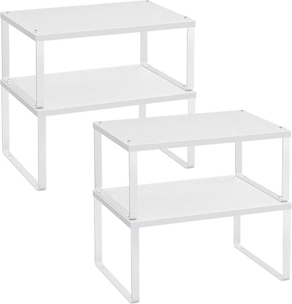 Set of 2 Metal Spice Racks, Stackable Expandable Shelf Risers | Steel Cabinet Shelf Organizers, Countertop Organizers, Matte White BEQUE Collection UKCS01WT