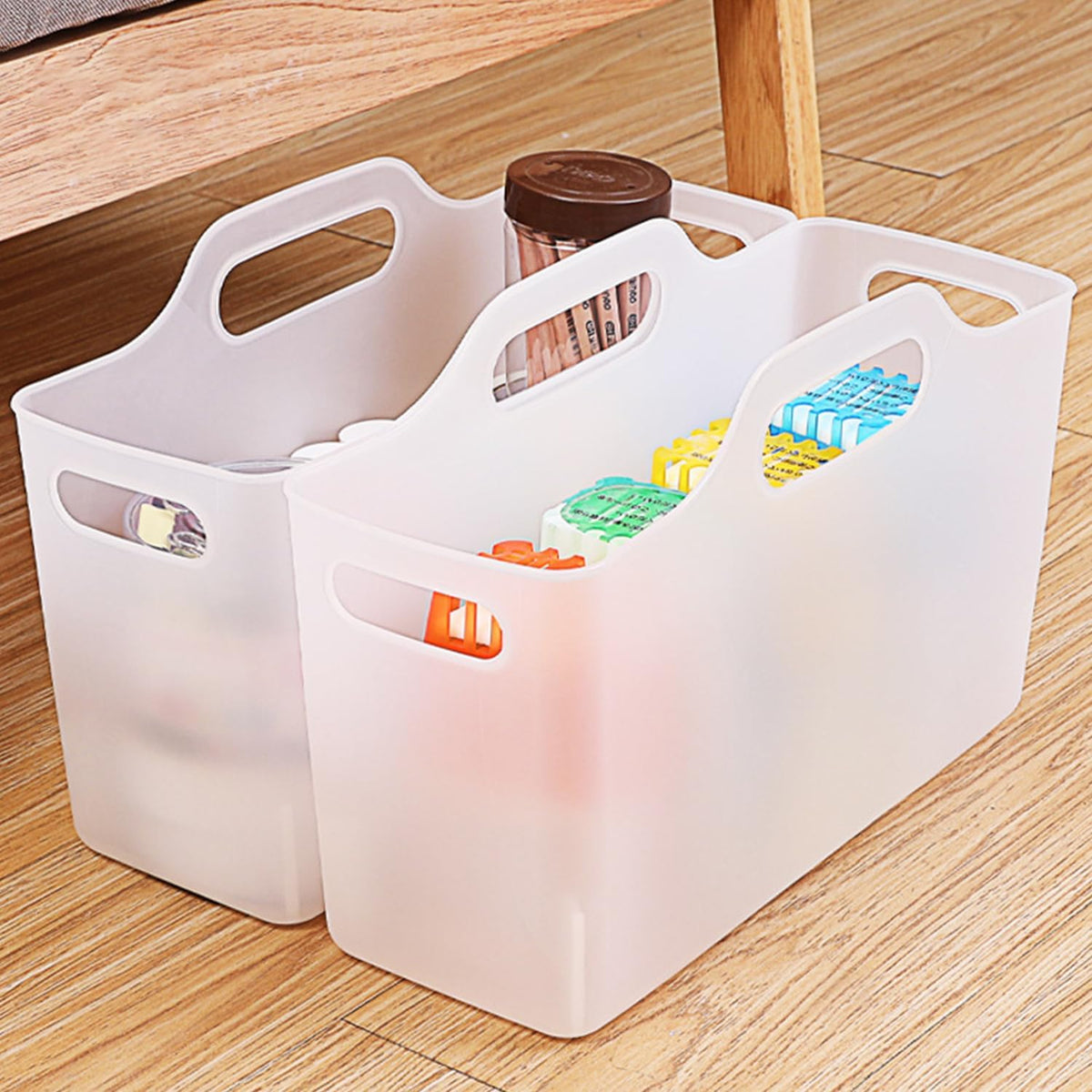 2 Pack Fridge Organizer Bins with Handle, PP Plastic Refrigerator Organizers and Storage for Kitchen, Laundry, Cabinets and Fridge, Translucent Pantry Organizers and Storage, 11” x 4.5” x 6.3”