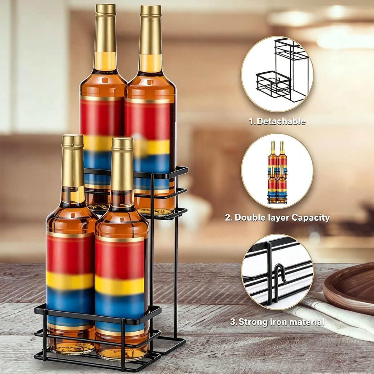 Coffee Syrup Organizer, 4 Bottle Syrup Rack Stand, 2 Tier