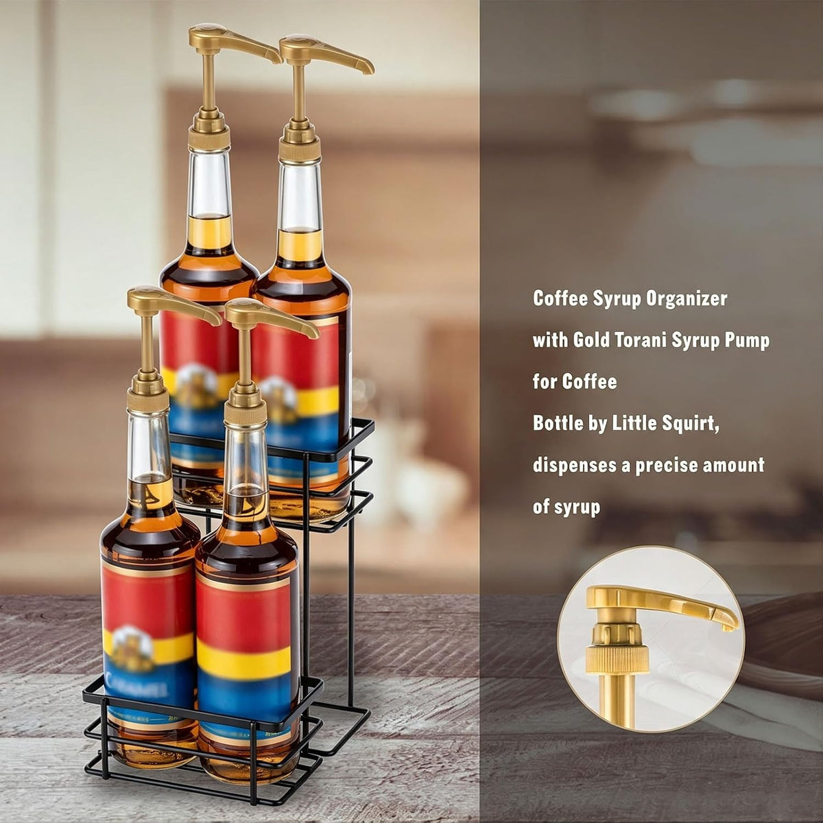 Coffee Syrup Organizer, 4 Bottle Syrup Rack Stand, 2 Tier