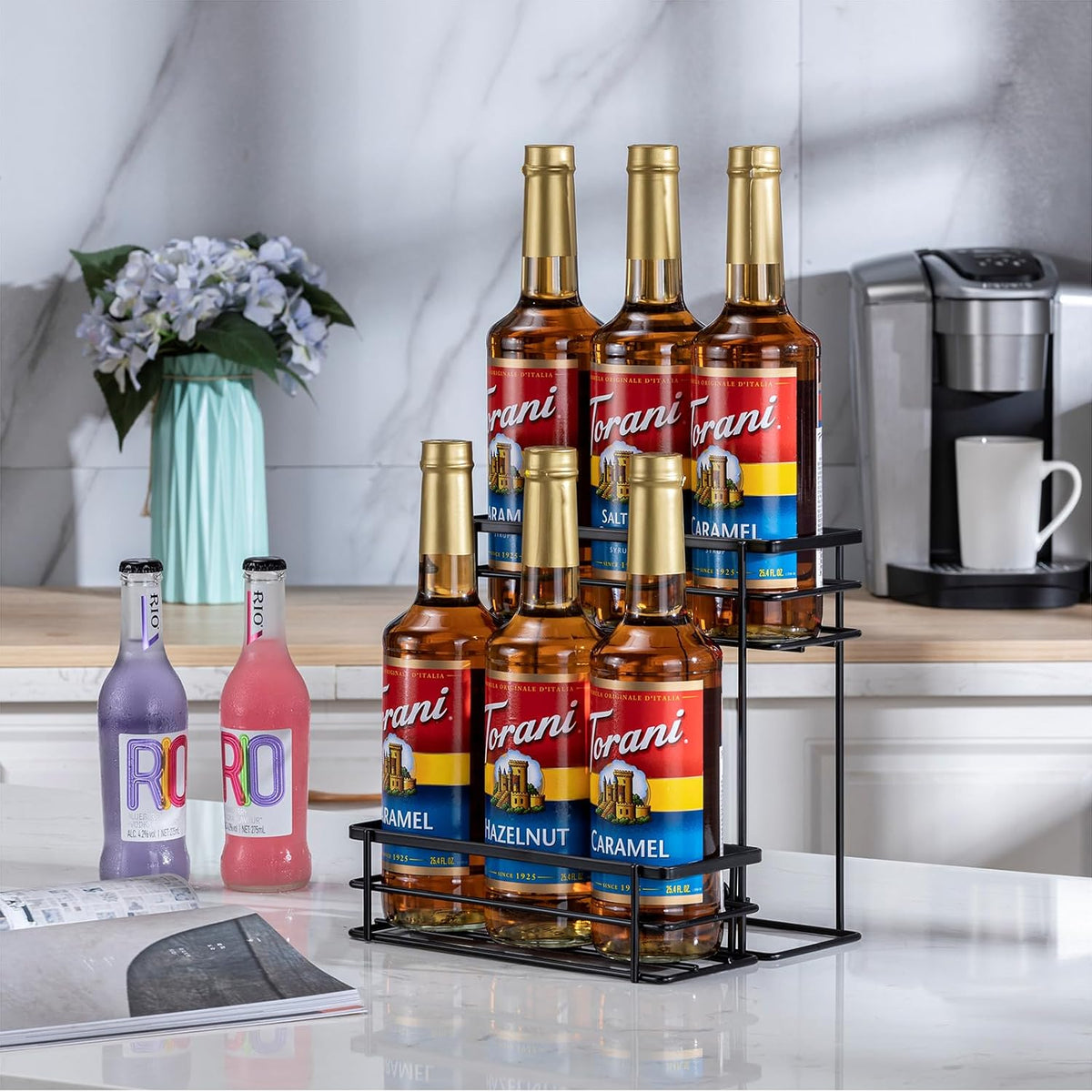 Coffee Syrup Organizer, 4 Bottle Syrup Rack Stand, 2 Tier
