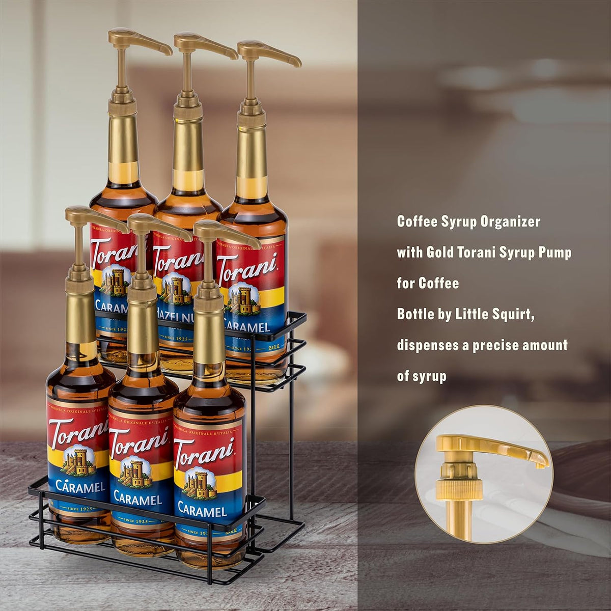Coffee Syrup Organizer, 4 Bottle Syrup Rack Stand, 2 Tier