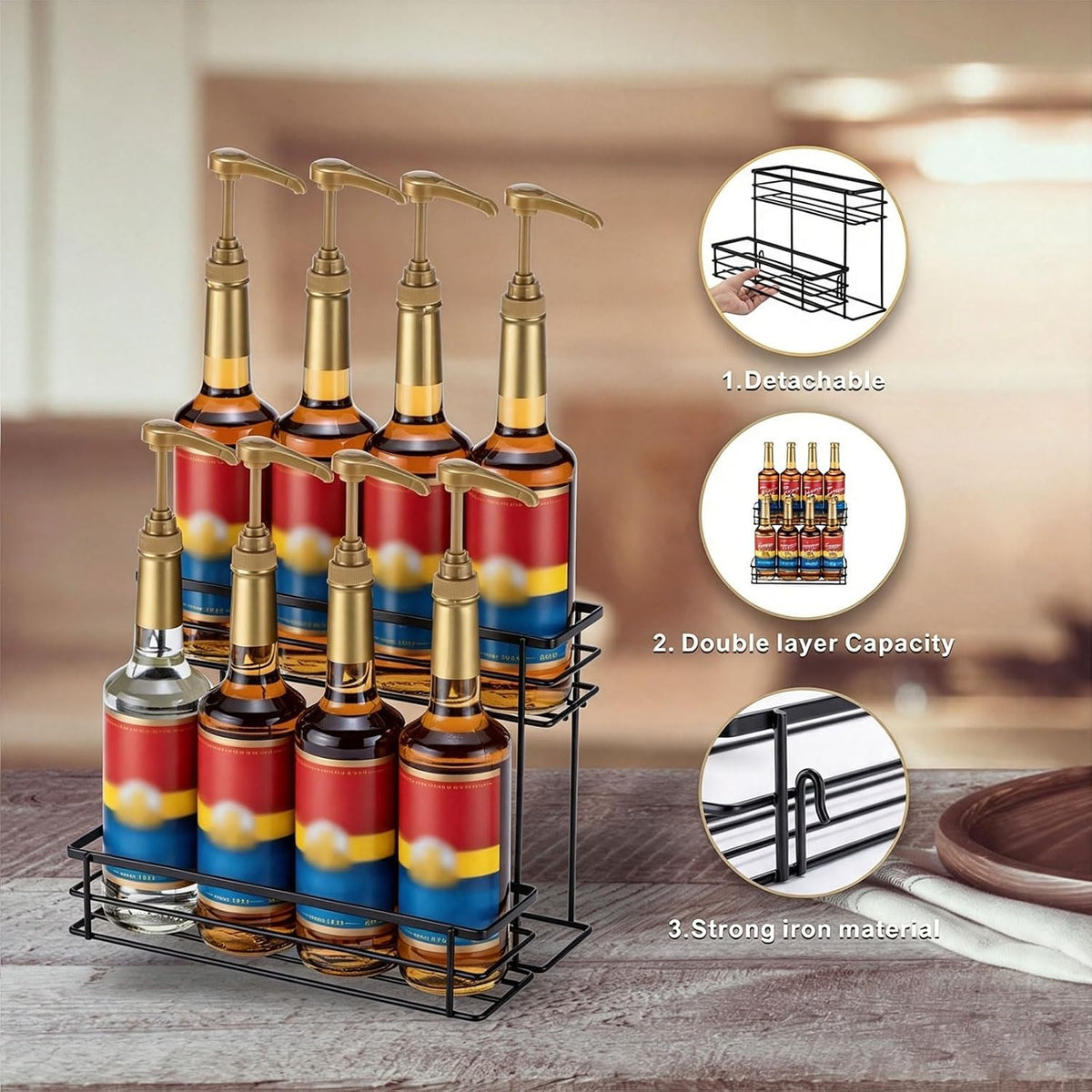 Coffee Syrup Organizer, 4 Bottle Syrup Rack Stand, 2 Tier