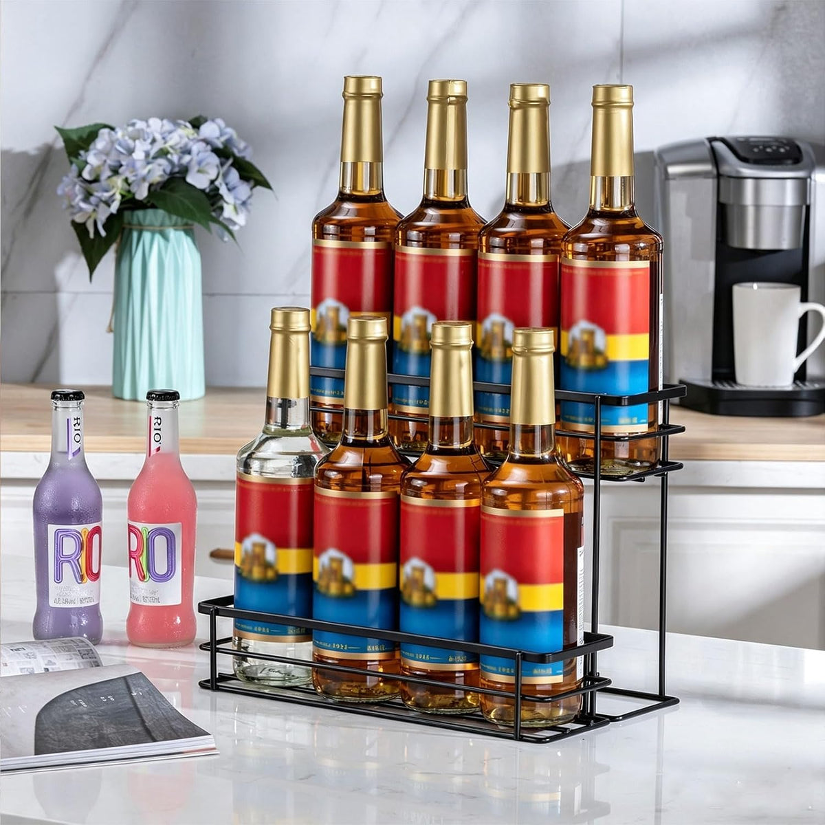 Coffee Syrup Organizer, 4 Bottle Syrup Rack Stand, 2 Tier