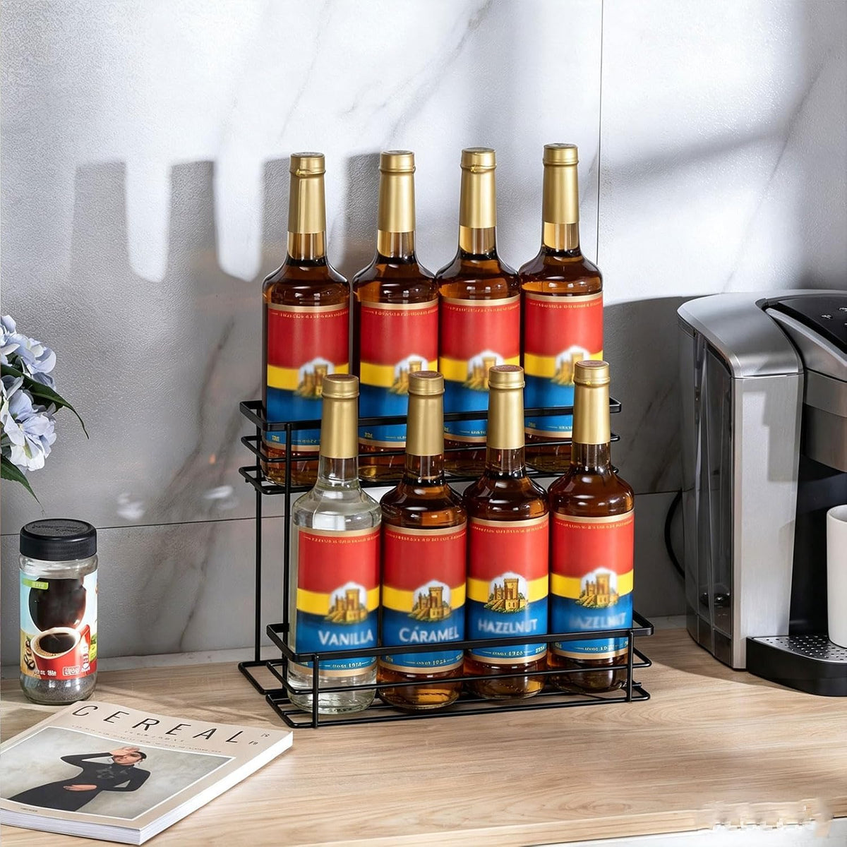Coffee Syrup Organizer, 4 Bottle Syrup Rack Stand, 2 Tier