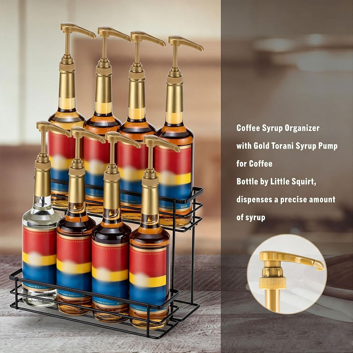 Coffee Syrup Organizer, 4 Bottle Syrup Rack Stand, 2 Tier