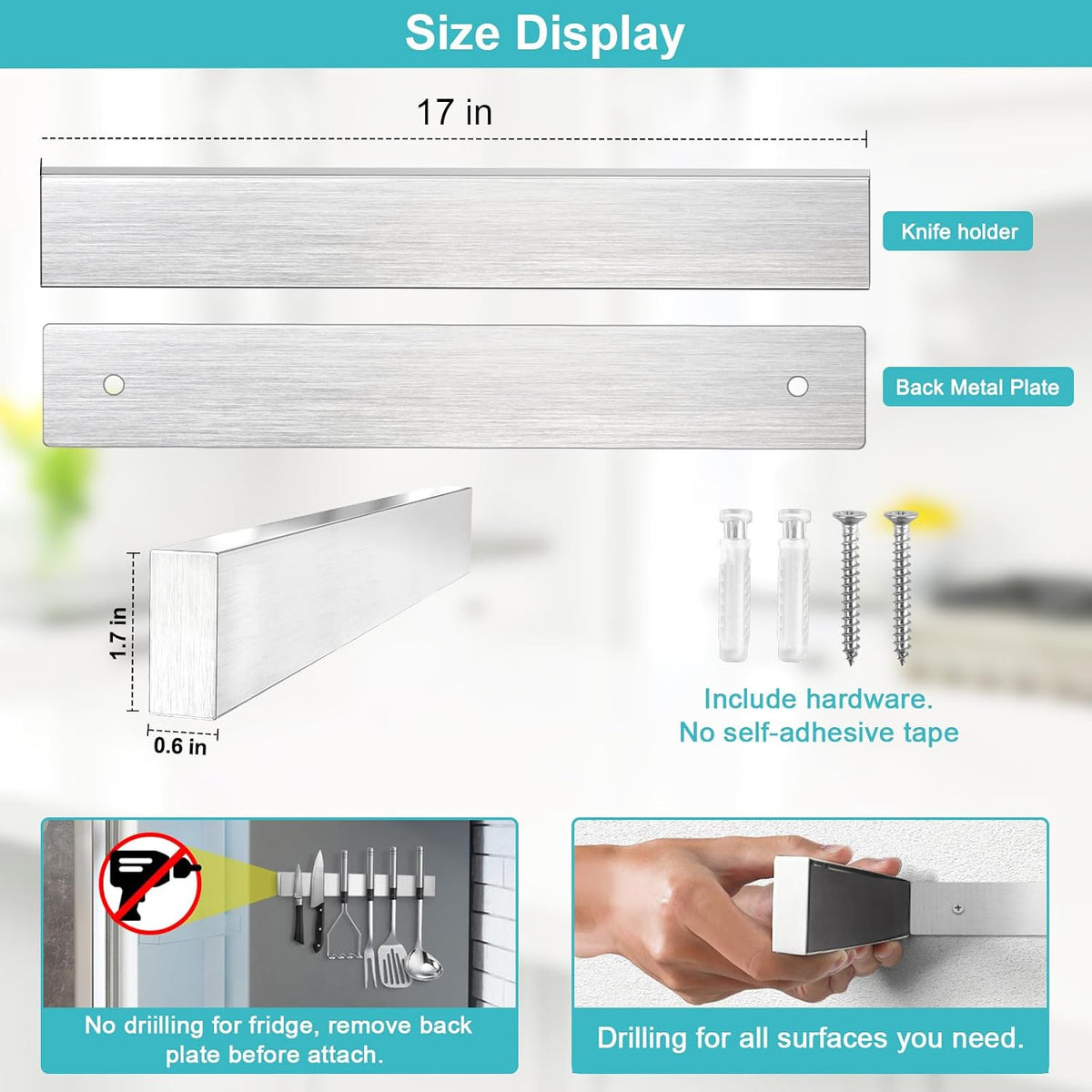 Magnetic Knife Holder for Wall, Knife Magnetic Strip Magnetic Knife Holder for Refrigerator Mount Knife Rack Kitchen Utensil Holder Metal Tool Holder Knife Block Kitchen Organizer Accessories 9.7 Inch