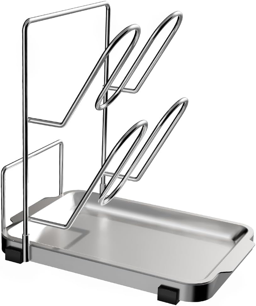 Pot Lid Holder, Two-Compartment Stainless Steel Cooking Rack, Spoon Rest with Lid Holder, Spatula Holder for Counter, Stove Top Shelf Spoon and Lid Rest, Pot Lid Organizer