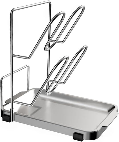 Pot Lid Holder, Two-Compartment Stainless Steel Cooking Rack, Spoon Rest with Lid Holder, Spatula Holder for Counter, Stove Top Shelf Spoon and Lid Rest, Pot Lid Organizer