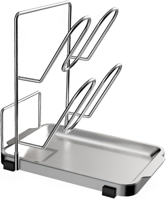 Pot Lid Holder, Two-Compartment Stainless Steel Cooking Rack, Spoon Rest with Lid Holder, Spatula Holder for Counter, Stove Top Shelf Spoon and Lid Rest, Pot Lid Organizer