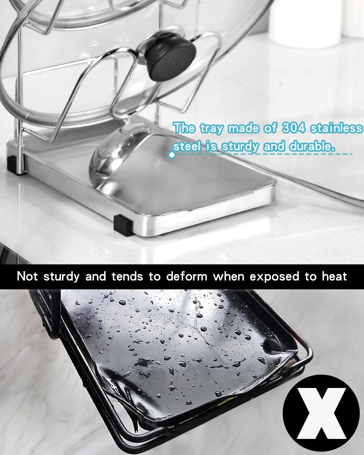 Pot Lid Holder, Two-Compartment Stainless Steel Cooking Rack, Spoon Rest with Lid Holder, Spatula Holder for Counter, Stove Top Shelf Spoon and Lid Rest, Pot Lid Organizer