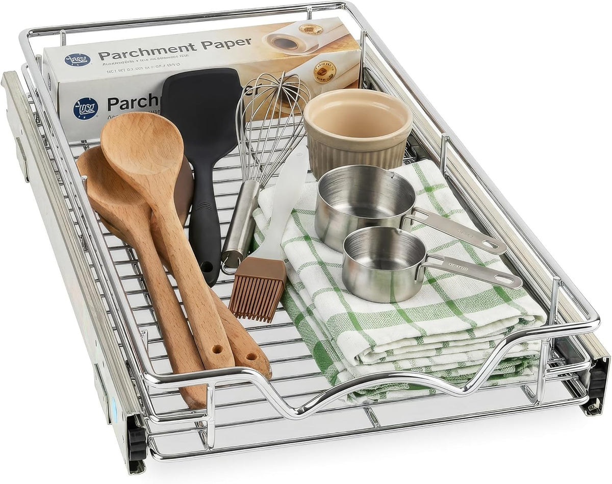 Pull Out Cabinet Organizer, 14”W x 21”D Cabinet Drawer | Heavy-Duty Caddy, Lifetime Limited Warranty, Steel Metal Cabinet Drawers, Chrome, Requires At Least 15-1/4” Cabinet Opening