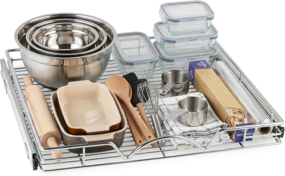 Pull Out Cabinet Organizer, 14”W x 21”D Cabinet Drawer | Heavy-Duty Caddy, Lifetime Limited Warranty, Steel Metal Cabinet Drawers, Chrome, Requires At Least 15-1/4” Cabinet Opening