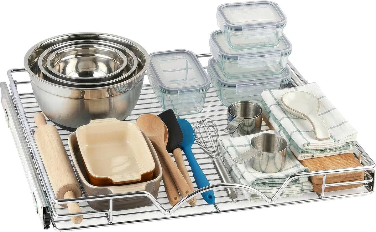 Pull Out Cabinet Organizer, 14”W x 21”D Cabinet Drawer | Heavy-Duty Caddy, Lifetime Limited Warranty, Steel Metal Cabinet Drawers, Chrome, Requires At Least 15-1/4” Cabinet Opening