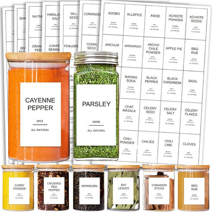 12 Pcs Glass Spice Jars with Bamboo Airtight Lids and 191 Labels - 8.5oz Small Food Storage Containers for Kitchen, Seasoning, Coffee, Herb - Spoon and Marker Included