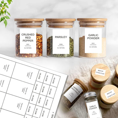 12 Pcs Glass Spice Jars with Bamboo Airtight Lids and 191 Labels - 8.5oz Small Food Storage Containers for Kitchen, Seasoning, Coffee, Herb - Spoon and Marker Included