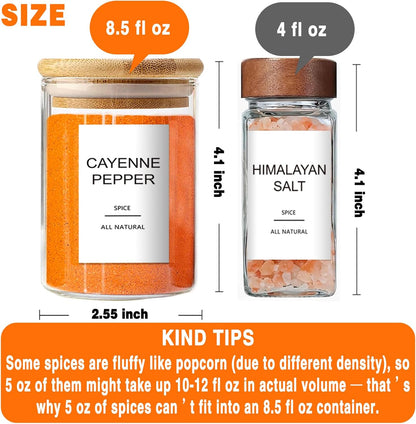 12 Pcs Glass Spice Jars with Bamboo Airtight Lids and 191 Labels - 8.5oz Small Food Storage Containers for Kitchen, Seasoning, Coffee, Herb - Spoon and Marker Included