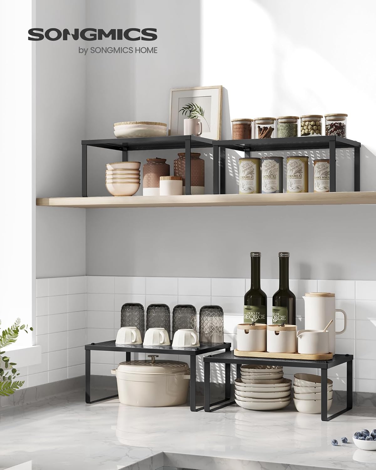 Spice Racks, Set of 4 Metal Cabinet Shelf Organizers, Countertop Organizers, Shelf Risers, Stackable, Expandable, Oatmeal Beige UKCS006K01