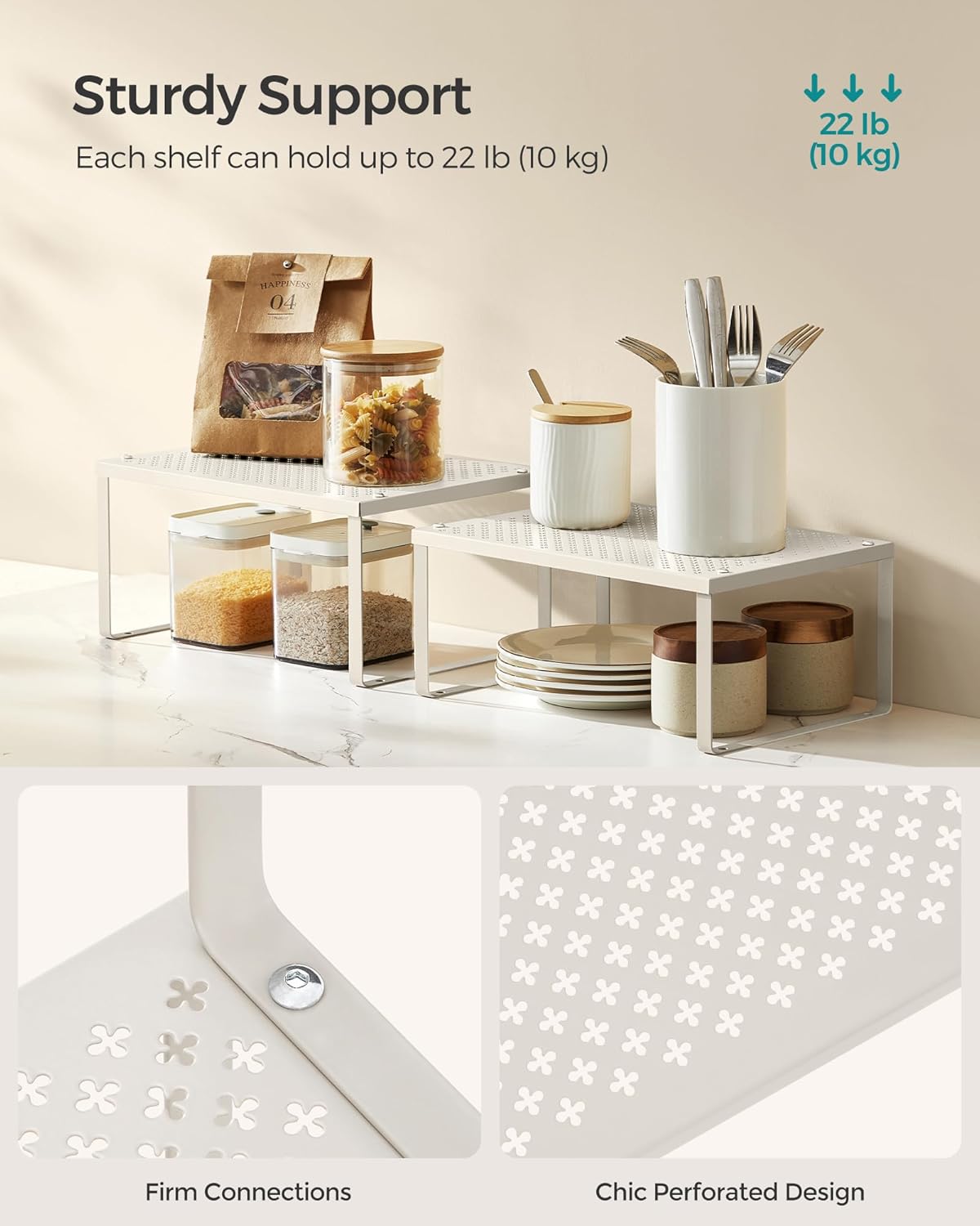 Spice Racks, Set of 4 Metal Cabinet Shelf Organizers, Countertop Organizers, Shelf Risers, Stackable, Expandable, Oatmeal Beige UKCS006K01