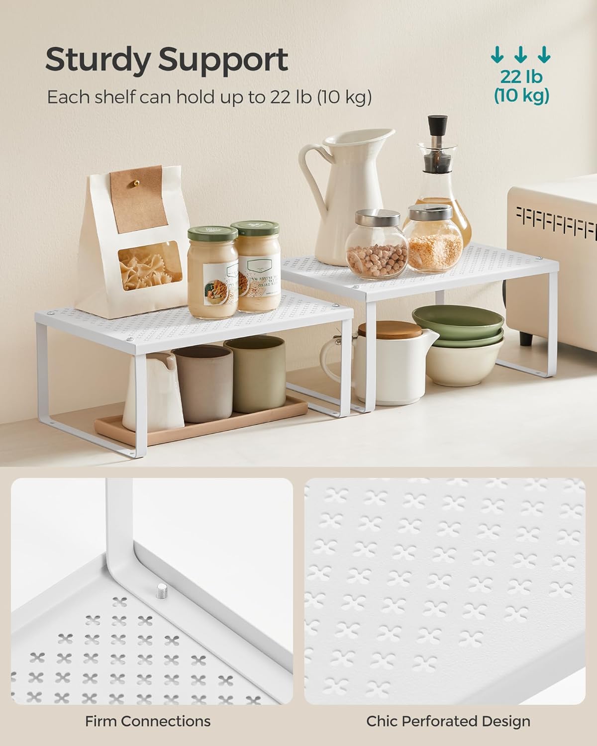 Spice Racks, Set of 4 Metal Cabinet Shelf Organizers, Countertop Organizers, Shelf Risers, Stackable, Expandable, Oatmeal Beige UKCS006K01