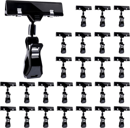 Sign Clips for Display, 26 Pack Plastic Sign Holder Clips for Retail, Double Sided Swivel Price Label Holder Clips, Rotatable Merchandising Pop Clips for Home Office Retail Store Display, Black