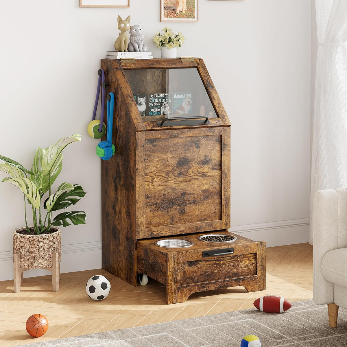 Dog Feeding Station with 2 Elevated Bowls, Brown