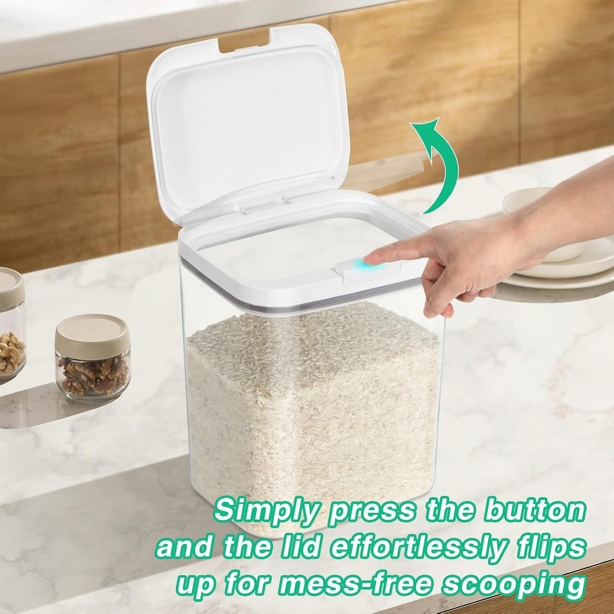 Rice Flour Storage Container - 12.7 Qt | 25 Lbs Crystal-Clear Plastic Food Storage Containers Bin with Pop-up Lid for Grains Beans, Dry Food Holder for Kitchen Pantry Organization and Storage