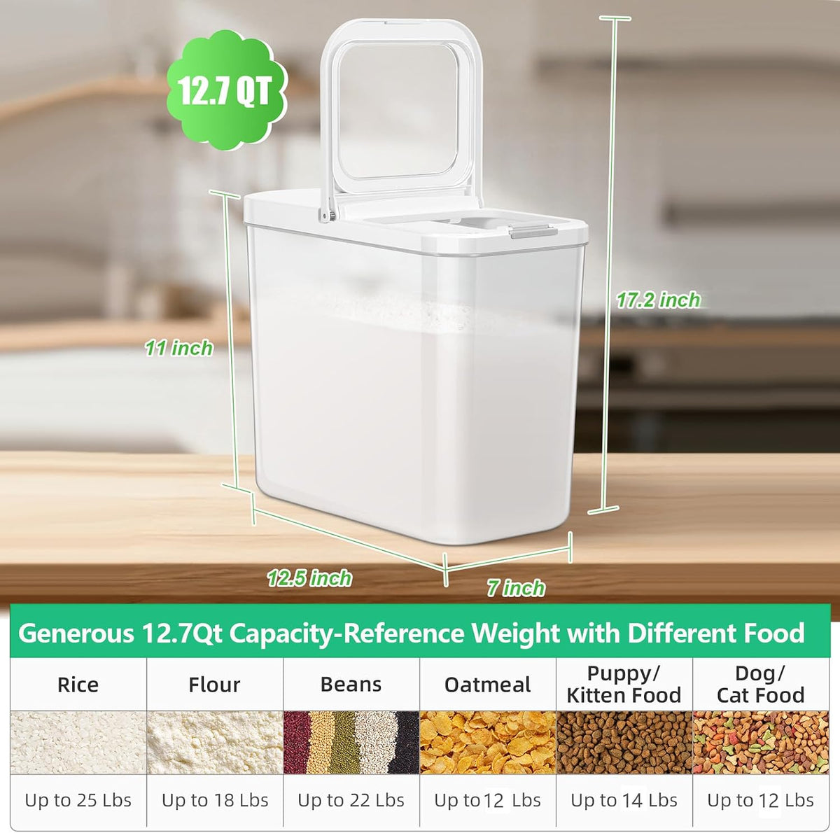 Rice Flour Storage Container - 12.7 Qt | 25 Lbs Crystal-Clear Plastic Food Storage Containers Bin with Pop-up Lid for Grains Beans, Dry Food Holder for Kitchen Pantry Organization and Storage