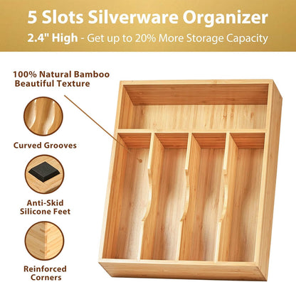 Bamboo Kitchen Drawer Organizer, 11 Inch Silverware Utensils Tray Holder with Grooved Dividers, 2.4" High Wood Caddy for Flatware Cutlery Knives