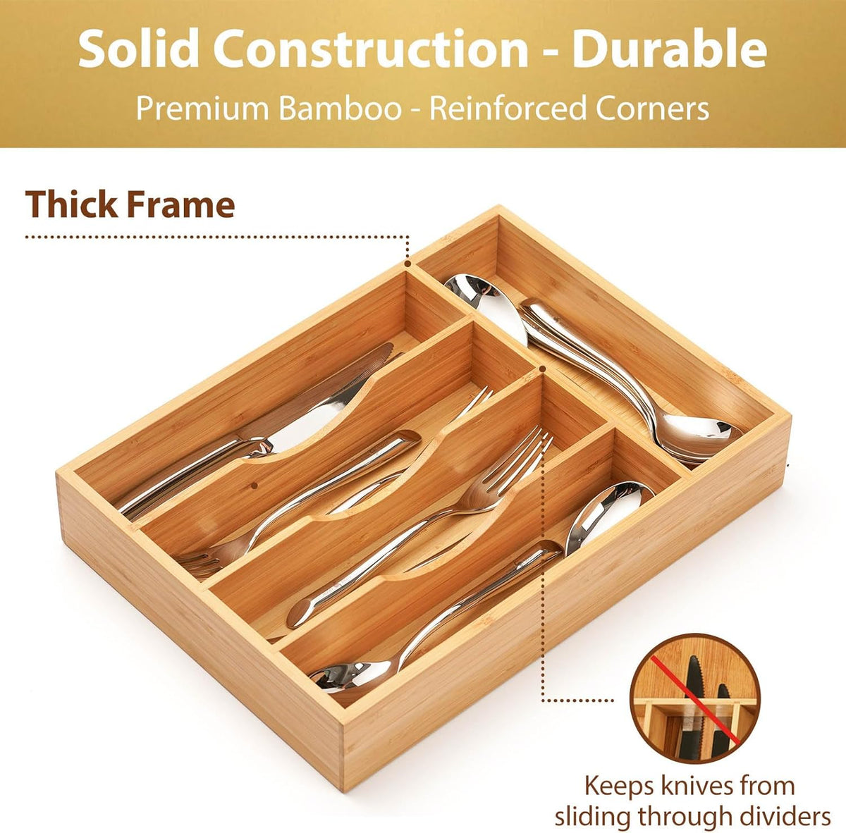Bamboo Kitchen Drawer Organizer, 11 Inch Silverware Utensils Tray Holder with Grooved Dividers, 2.4" High Wood Caddy for Flatware Cutlery Knives