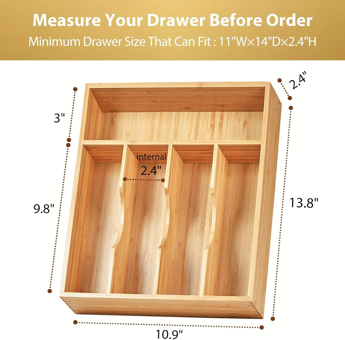 Bamboo Kitchen Drawer Organizer, 11 Inch Silverware Utensils Tray Holder with Grooved Dividers, 2.4" High Wood Caddy for Flatware Cutlery Knives